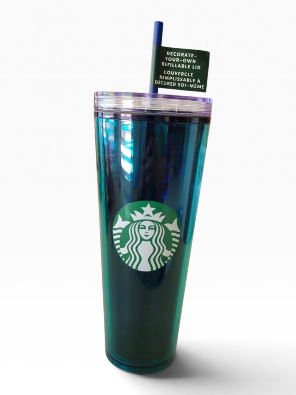 Starbucks Iridescent Blue Teal Reusable Cold Cup Tumbler with Straw (24 oz)